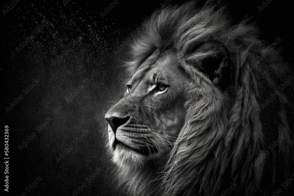 On a dark background, a lion. Picture in black and white. Generative AI On a dark background, a lion. Picture in black and white. Generative AI