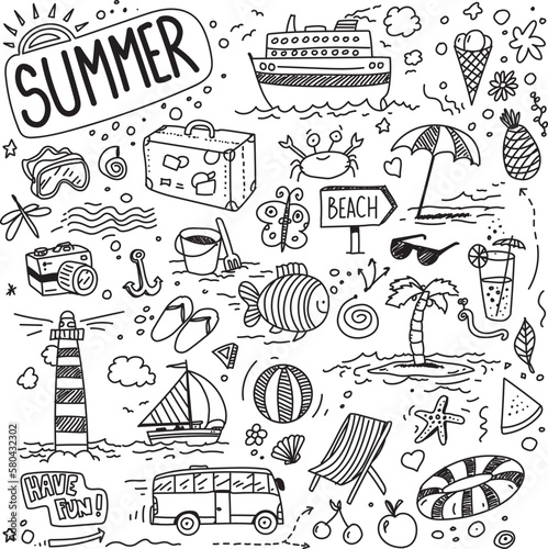 Hand drawn vector doodles, set of travel, tourism and summer elements. 
