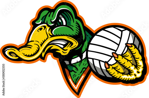 angry duck mascot holding volleyball for school, college or league sports