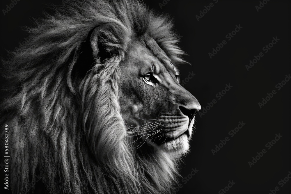 On a dark background, a lion. Picture in black and white. Generative AI