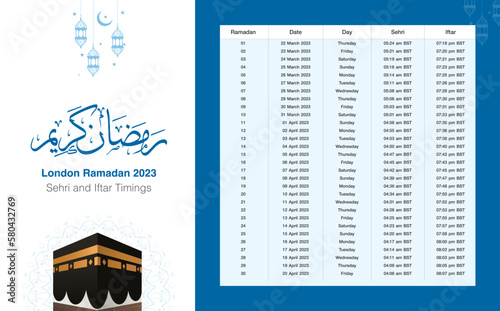 London Ramadan 2023 Calendar. Vector File Print Ready. Translation: Happy Ramadan, Ramadan Greetings.