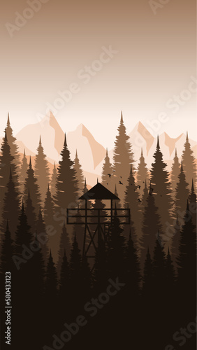 sunrise over the mountain scenery view with forest silhouette in portrait orientation vector illustration good for wallpaper design, design template, background template, and tourism design template