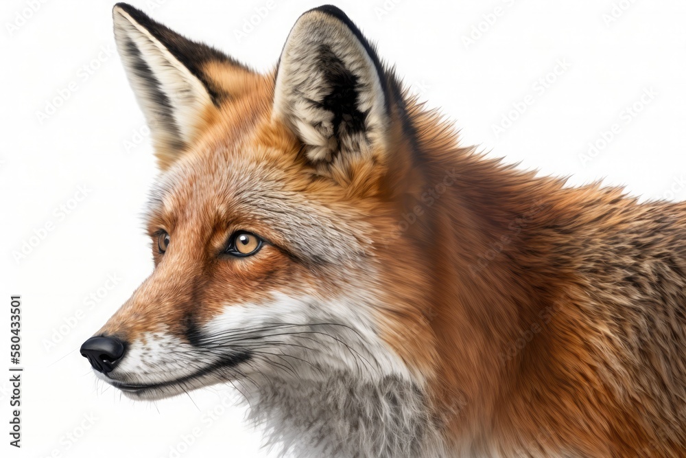 American red fox (Vulpes vulpes) close up cropped detailed portrait on a white background, side view. Generative AI illustration.