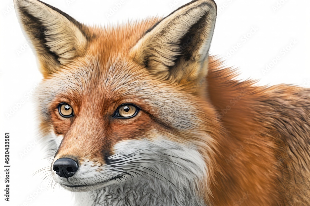 American red fox (Vulpes vulpes) close up cropped detailed portrait on a white background, side view. Generative AI illustration.