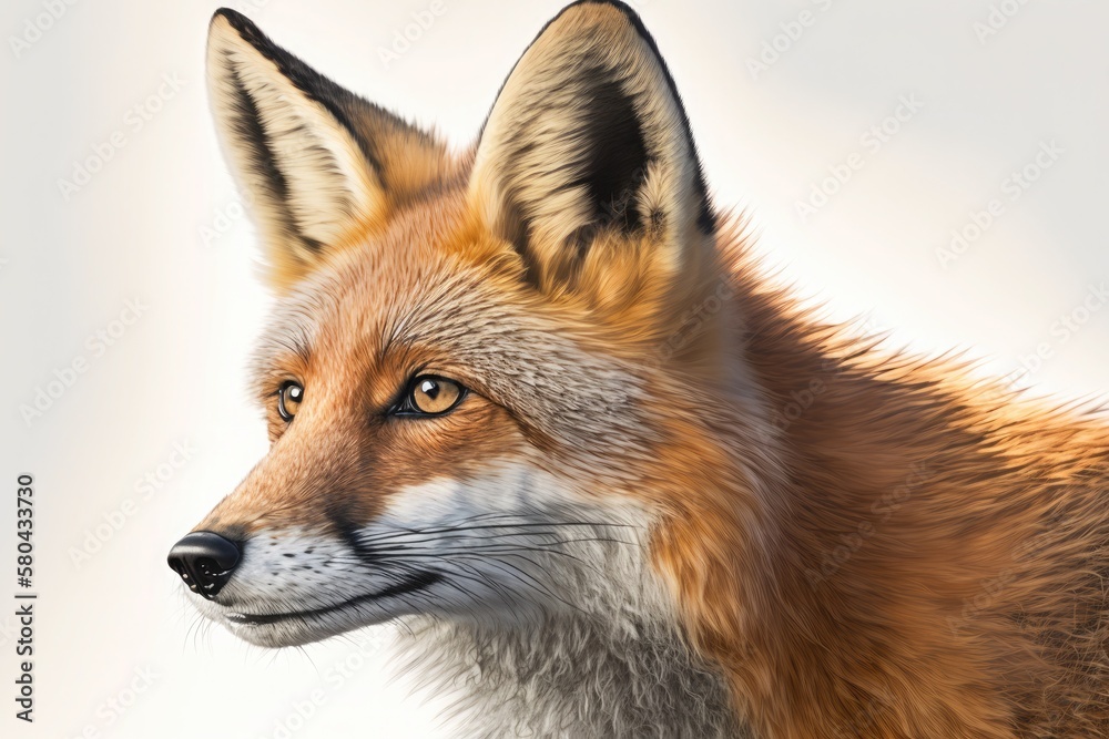 American red fox (Vulpes vulpes) close up cropped detailed portrait on a white background, side view. Generative AI illustration. American red fox (Vulpes vulpes) close up cropped detailed portrait on a white background, side view. Generative AI illustration.