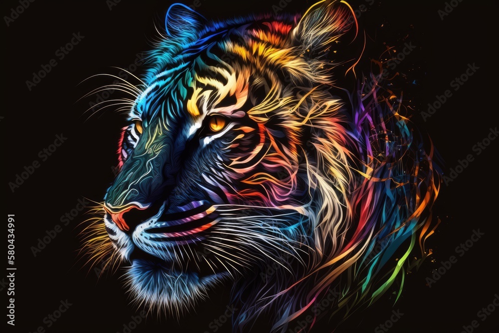 On a black background, there is a creative logo design of a colorful tiger. Generative AI On a black background, there is a creative logo design of a colorful tiger. Generative AI