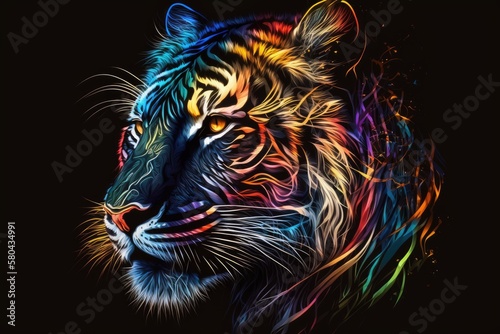 On a black background  there is a creative logo design of a colorful tiger. Generative AI