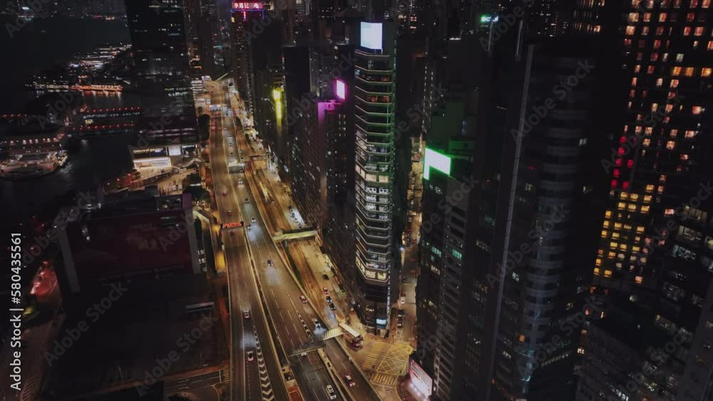 Night Highway And Bright Buildings Of Hong Kong, Aerial View Night Highway And Bright Buildings Of Hong Kong, Aerial View