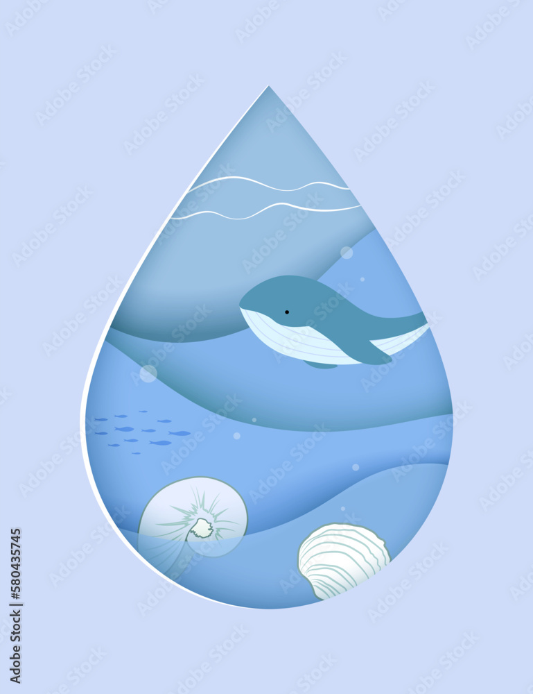 Obraz premium Water drop with ocean landscape. Whale and shell on a blue background. Illustration in paper cut style.