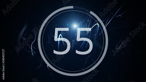 60 seconds time countdown clock on dark futuristic background. Seamless looping. photo