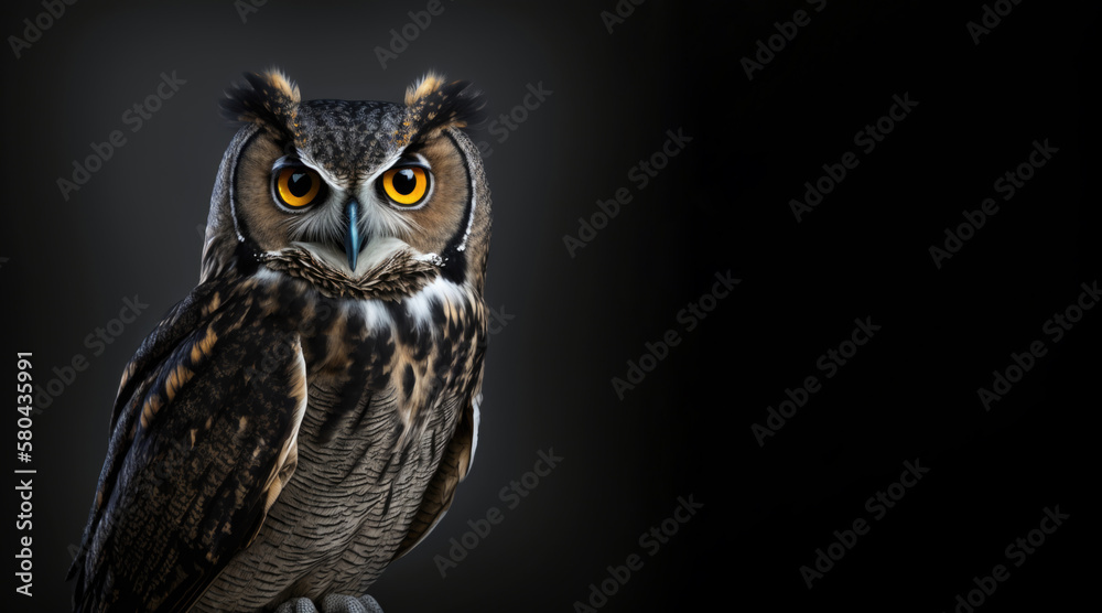 Fototapeta premium portrait of a happy smiling owl, photo studio set up with key light, isolated with black background and copy space - generative ai