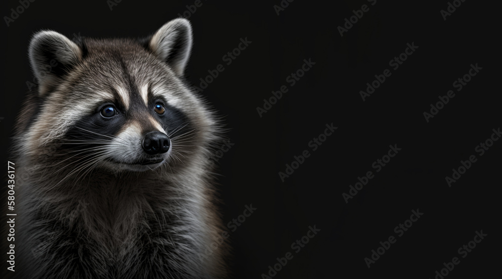 portrait of a raccoon, photo studio set up with key light, isolated with black background and copy space - generative ai