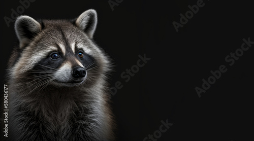 portrait of a raccoon, photo studio set up with key light, isolated with black background and copy space - generative ai
