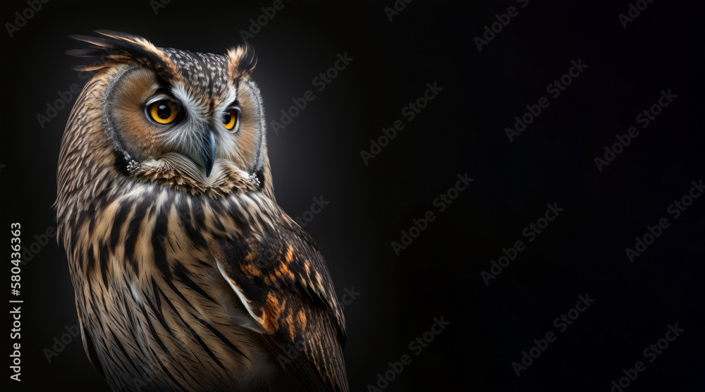 portrait of a owl, photo studio set up with key light, isolated with black background and copy space - generative ai portrait of a owl, photo studio set up with key light, isolated with black background and copy space - generative ai