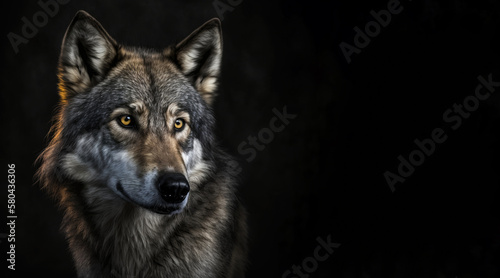 portrait of a grey wolf  photo studio set up with key light  isolated with black background and copy space - generative ai
