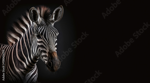portrait of a zebra, photo studio set up with key light, isolated with black background and copy space - generative ai