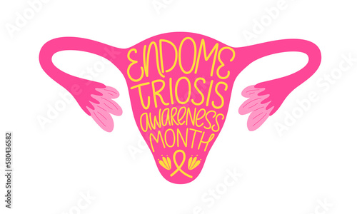 Endometriosis awareness month poster. Uterus with handwritten text with yellow ribbon and flowers vector illustration. Female gynecology disease. Support endo warriors women.