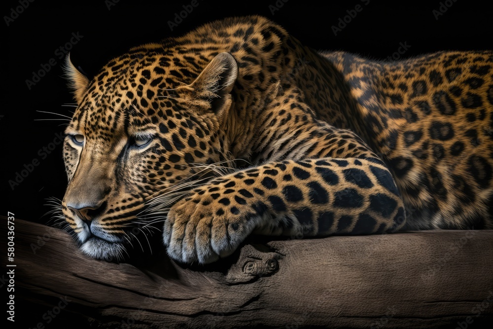 Obraz premium Leopard sleeping on a log against a black background. Generative AI