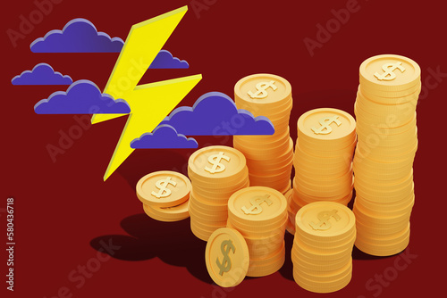 Lightning near gold coins. ...