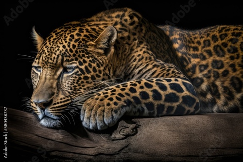 Leopard sleeping on a log against a black background. Generative AI