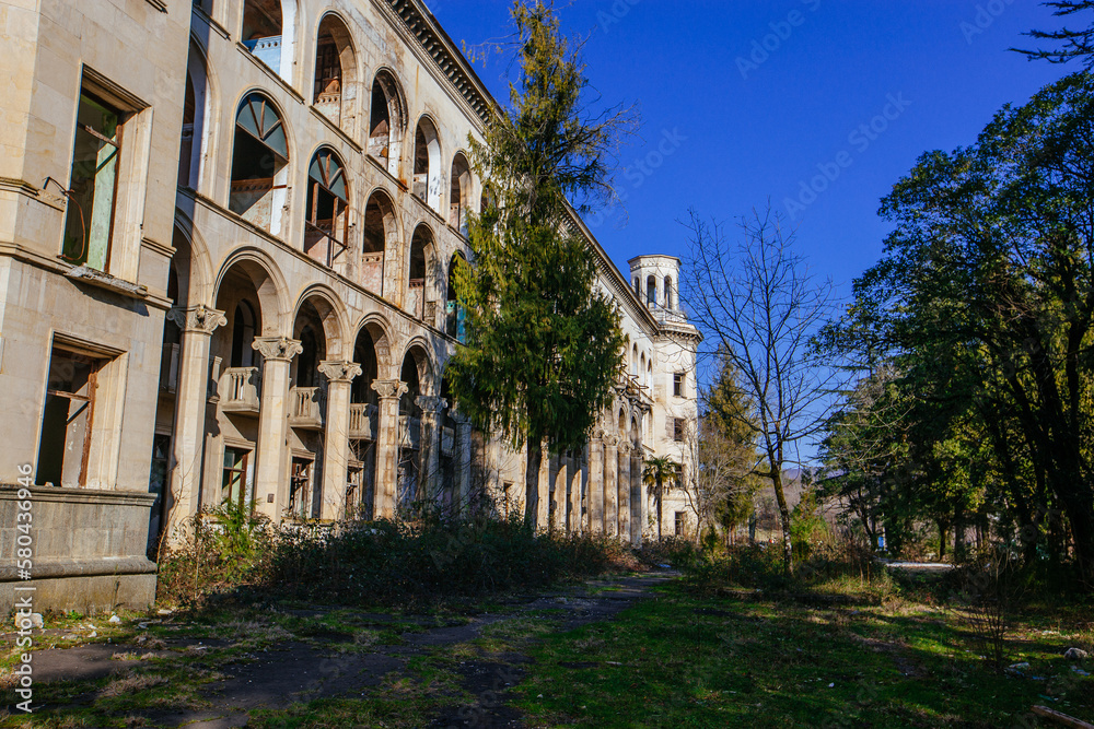 Ruined overgrown old abandoned Soviet sanatorium Iberia, Tskaltubo, Georgia