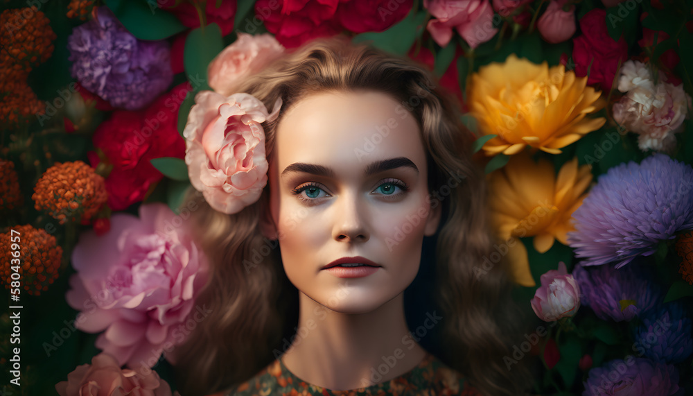 Naklejka premium woman surrounded by flowers in spring
