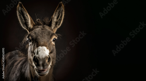 portrait of a happy donkey, photo studio set up with key light, isolated with black background and copy space - generative ai © Cristiano Venti