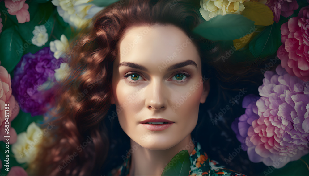 woman surrounded by flowers in spring woman surrounded by flowers in spring