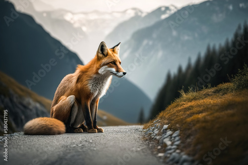 Sitting wild red fox on the road for tourists high in the mountains, illustration with copy space. Generative ai photo