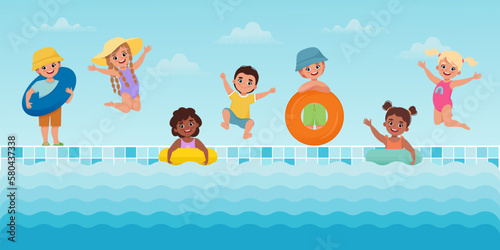 Kids jumping and playing near the pool. Happy Children in summer. Vector illustration in cartoon flat style