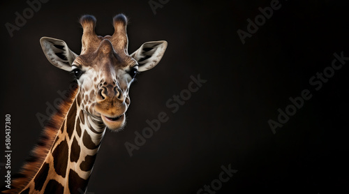 portrait of a giraffe, photo studio set up with key light, isolated with black background and copy space - generative ai
