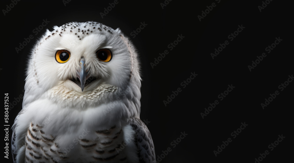 portrait of a happy smiling polar owl, photo studio set up with key light, isolated with black background and copy space - generative ai portrait of a happy smiling polar owl, photo studio set up with key light, isolated with black background and copy space - generative ai