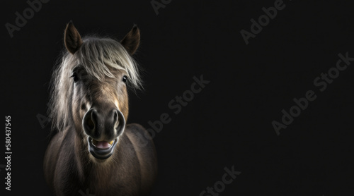 portrait of a happy pony  photo studio set up with key light  isolated with black background and copy space - generative AI