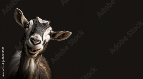 portrait of a happy goat, photo studio set up with key light, isolated with black background and copy space - generative ai