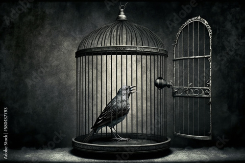 Obraz na plátne A cage with a bird singing Generative AI