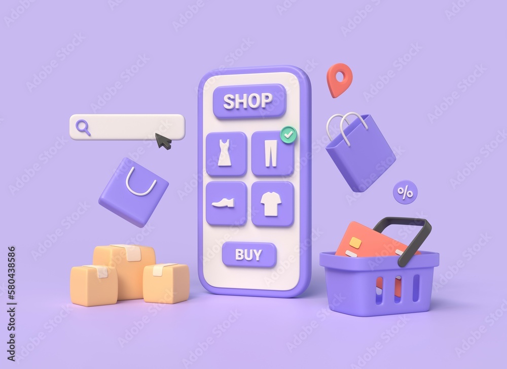 3d mobile phone, bags, shopping cart, cardboard boxes, search bar, credit card. online shopping and product delivery concept, digital marketing promotion. 3d rendering 3d mobile phone, bags, shopping cart, cardboard boxes, search bar, credit card. online shopping and product delivery concept, digital marketing promotion. 3d rendering