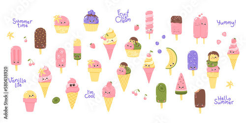 Big vector sticker set of cute kawaii ice cream characters isolated on white background. Cold dessert. Summer sweetness.