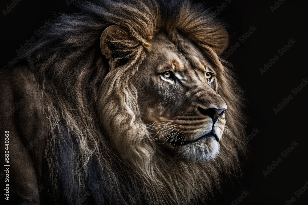 Lion in the Dark, Portrait of a Beautiful Lion. Generative AI