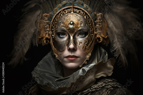 Beauty model woman wearing venetian masquerade carnival mask, Created using generative AI tools..