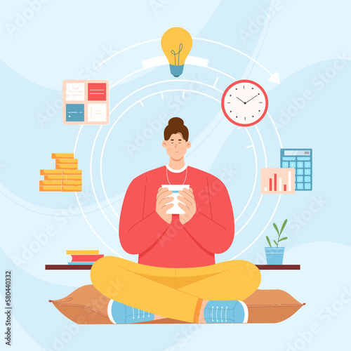Work balance, professional time management vector illustration. Cartoon effective businessman sitting in lotus position with cup during coffee break, office files and clock flying over character