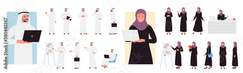 Arab business people poses set vector illustration. Cartoon isolated saudi woman and man in traditional robes standing with laptop, facial emotion and poses variation of muslim office characters