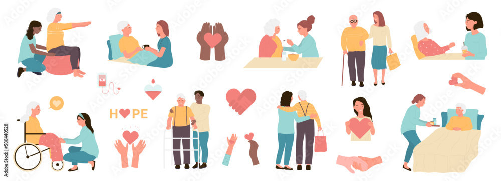 Εκτύπωση καμβά Physiotherapy, rehabilitation, elderly care set vector illustration