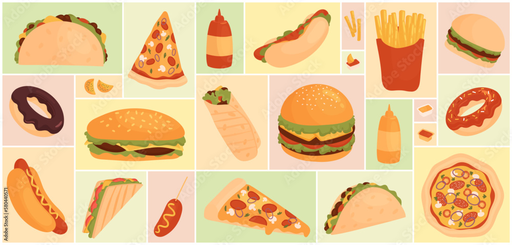 Cartoon unhealthy fastfood snacks menu collection with shawarma burger french fries sandwich pizza tortilla donut cheeseburger wide geometric collage background. Fast food set vector illustration. Cartoon unhealthy fastfood snacks menu collection with shawarma burger french fries sandwich pizza tortilla donut cheeseburger wide geometric collage background. Fast food set vector illustration.