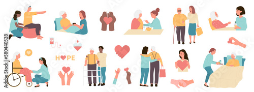 Physiotherapy, rehabilitation, elderly care set vector illustration. Cartoon caregivers and old patients walking with walker and stick, carer feeding senior lady, giving assistance, support and help