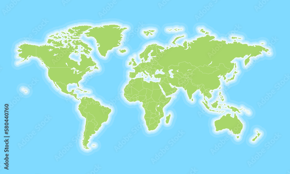 Green World map with countries borders and ocean.