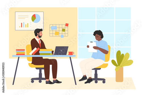 Office meeting between boss and employee for conversation or interview vector illustration. Cartoon confident manager sitting at desk with laptop, young nervous recruit holding business document