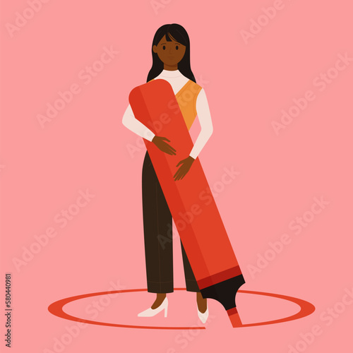 Confidentiality, privacy and protection of personal boundaries vector illustration. Cartoon isolated tiny woman holding big marker to draw circle line to protect personal space and borders inside