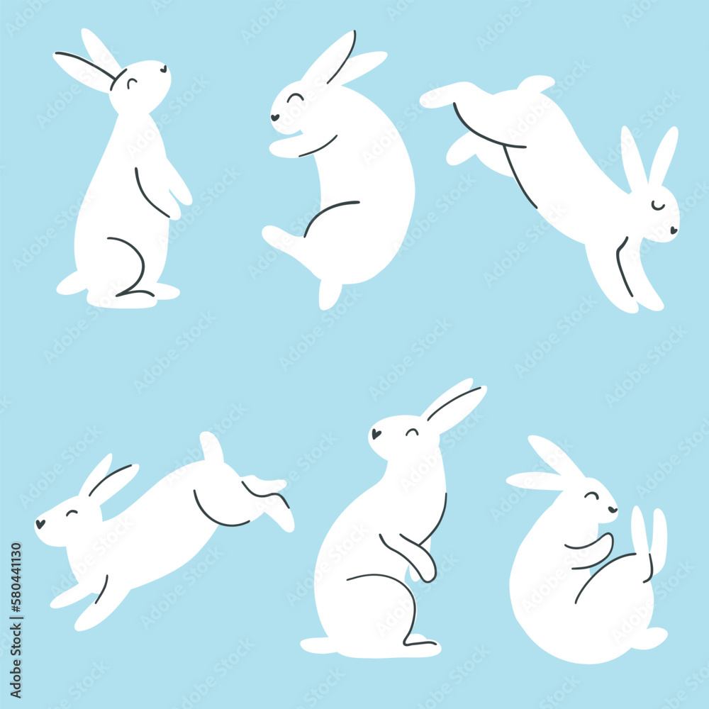Set of minimalistic easter bunny. Vector illustration of rabbit silhouettes, farm animal in different poses for card, print, poster, web design