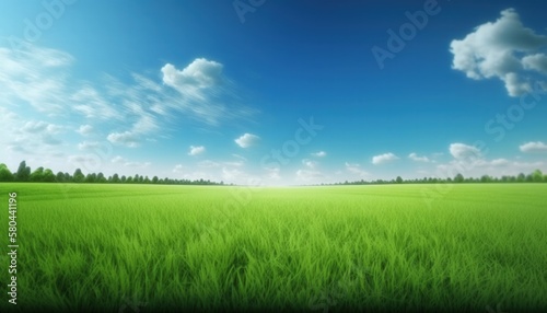 green field and blue sky, landscape background, generative ai