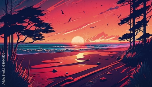 illustration of the sun setting over the ocean . , generative ai